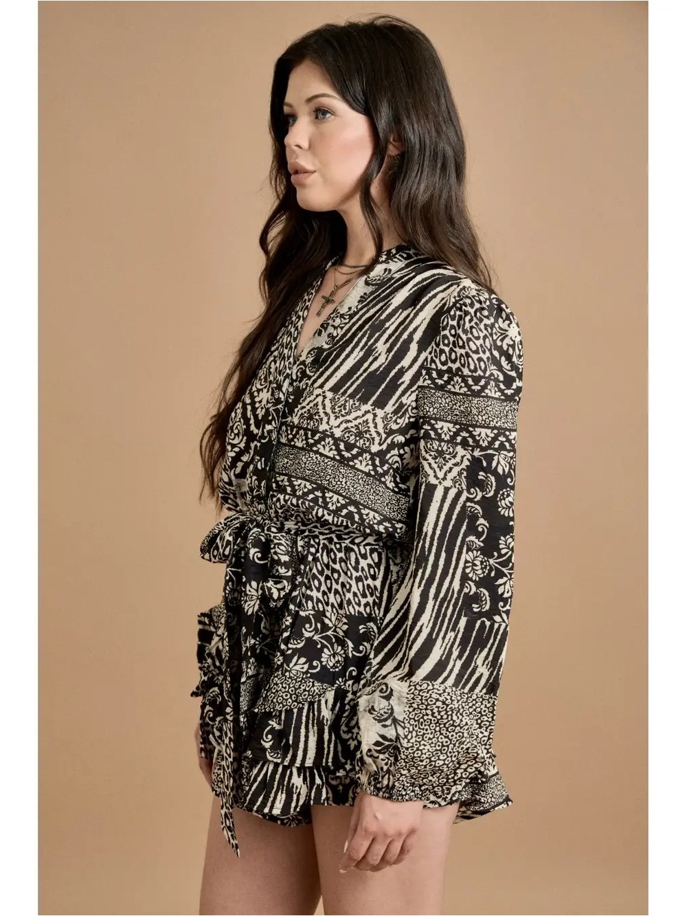 Fall Tie Waist Ruffle Romper - Picture 4 of 4